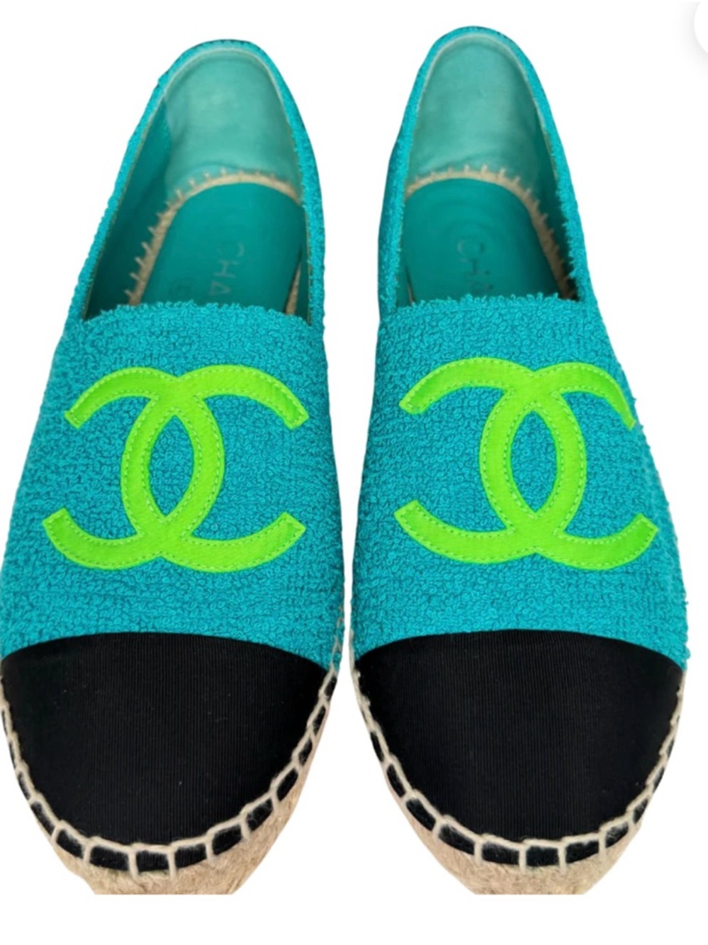 CHANEL Turquoise & Black Espadrille Flats with Lime CC Emblem
